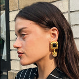 Vintage Gold Clip on Earrings with Black and White Stone Detail