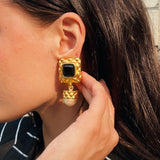 Vintage Gold Clip on Earrings with Black and White Stone Detail