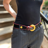 Vintage Escada Leather Belt with Red Trim and Gold Rose Studs