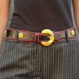 Vintage Escada Leather Belt with Red Trim and Gold Rose Studs