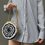 Vintage Navy and White 1960s Crochet Italian Purse with Gold Chain