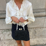 Vintage Black Bead and Raffia Purse with Pearly Chain