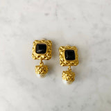 Vintage Gold Clip on Earrings with Black and White Stone Detail